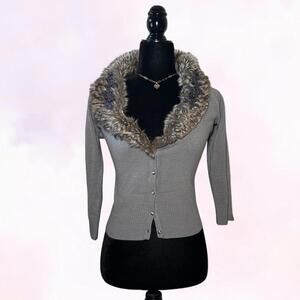 Heather B Grey Long Sleeve Cardigan Fur Collar Cozy